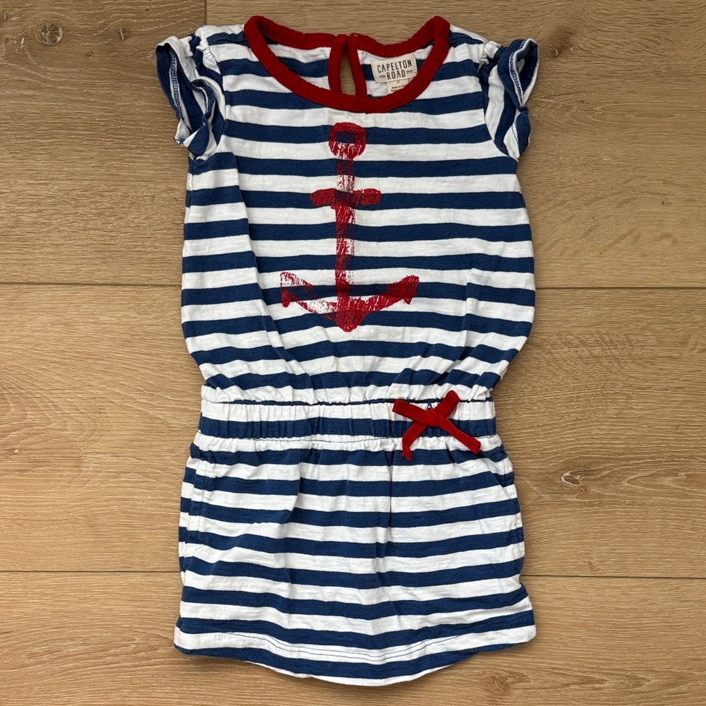Capelton Road Girls Blue & White Striped Anchor Dress with Red Accents